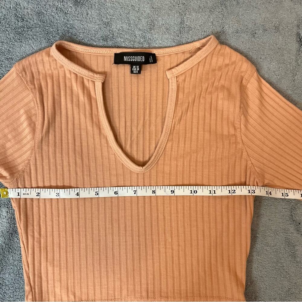 Missguided Pink Coral Ribbed V-neck Long Sleeves Crop Top Coquette Size 6 - Picture 3 of 5